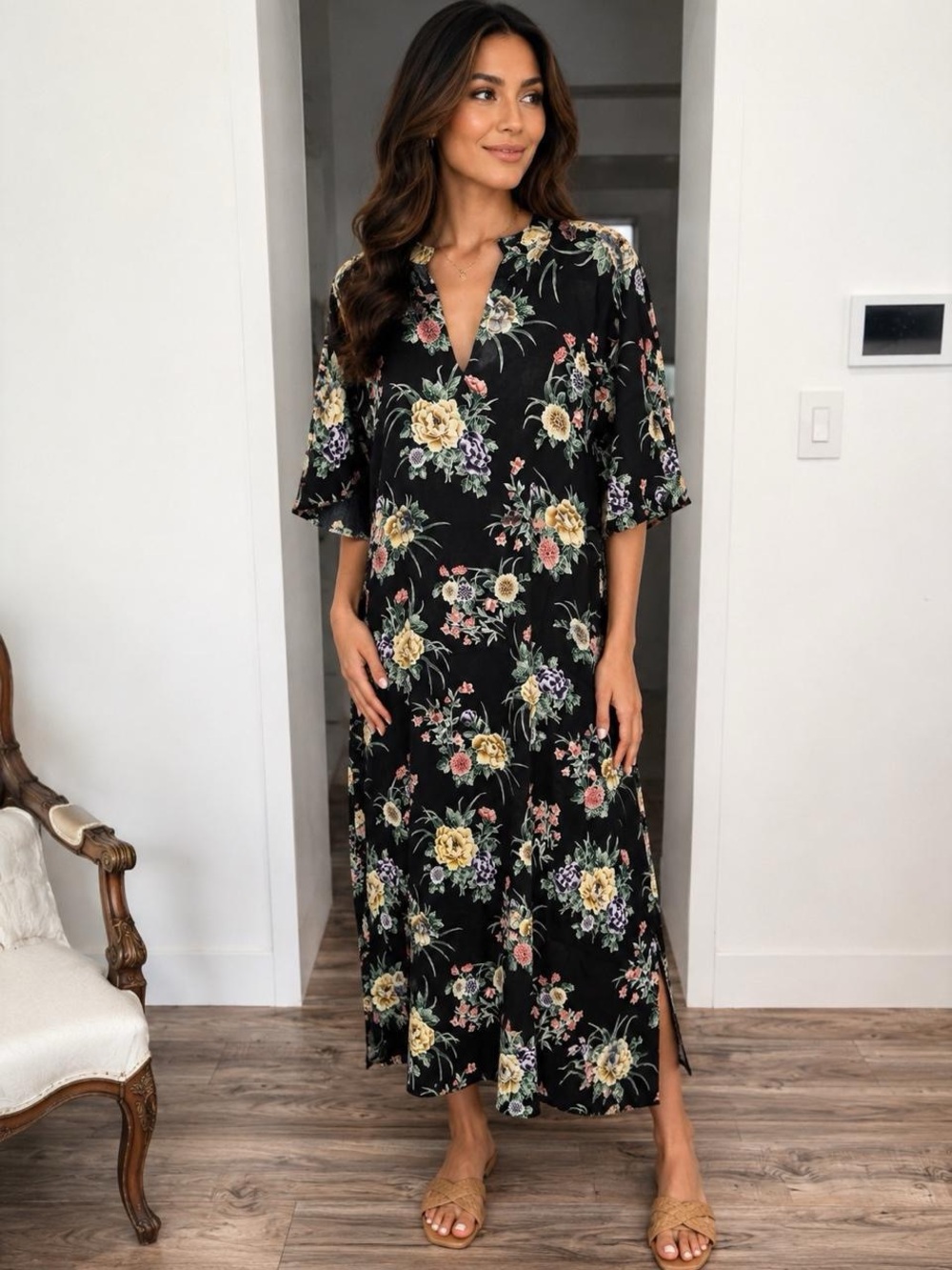 Floral V-Neck Black Maxi Dress